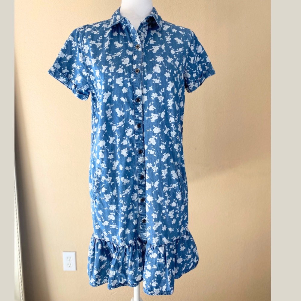 Floral Chambray Shirt Dress Velvet Heart Drop Waist with Belt & Pockets Small